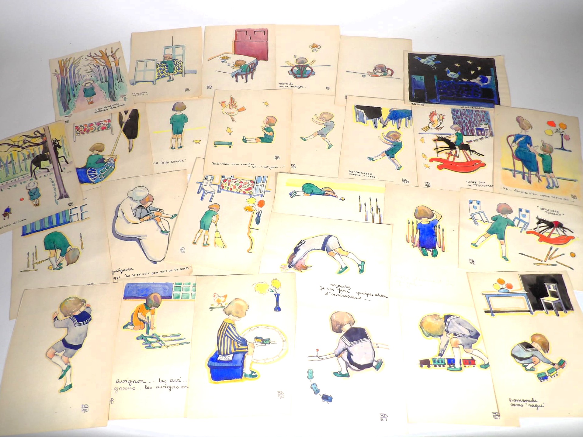 B.D. [INITIALS] Portrait de Jean en mouvement sur tous les axes. (Portrait of John moving in every direction). Superb manuscript intended for children with 27 original drawings in a very Art Deco style : A unique piece !