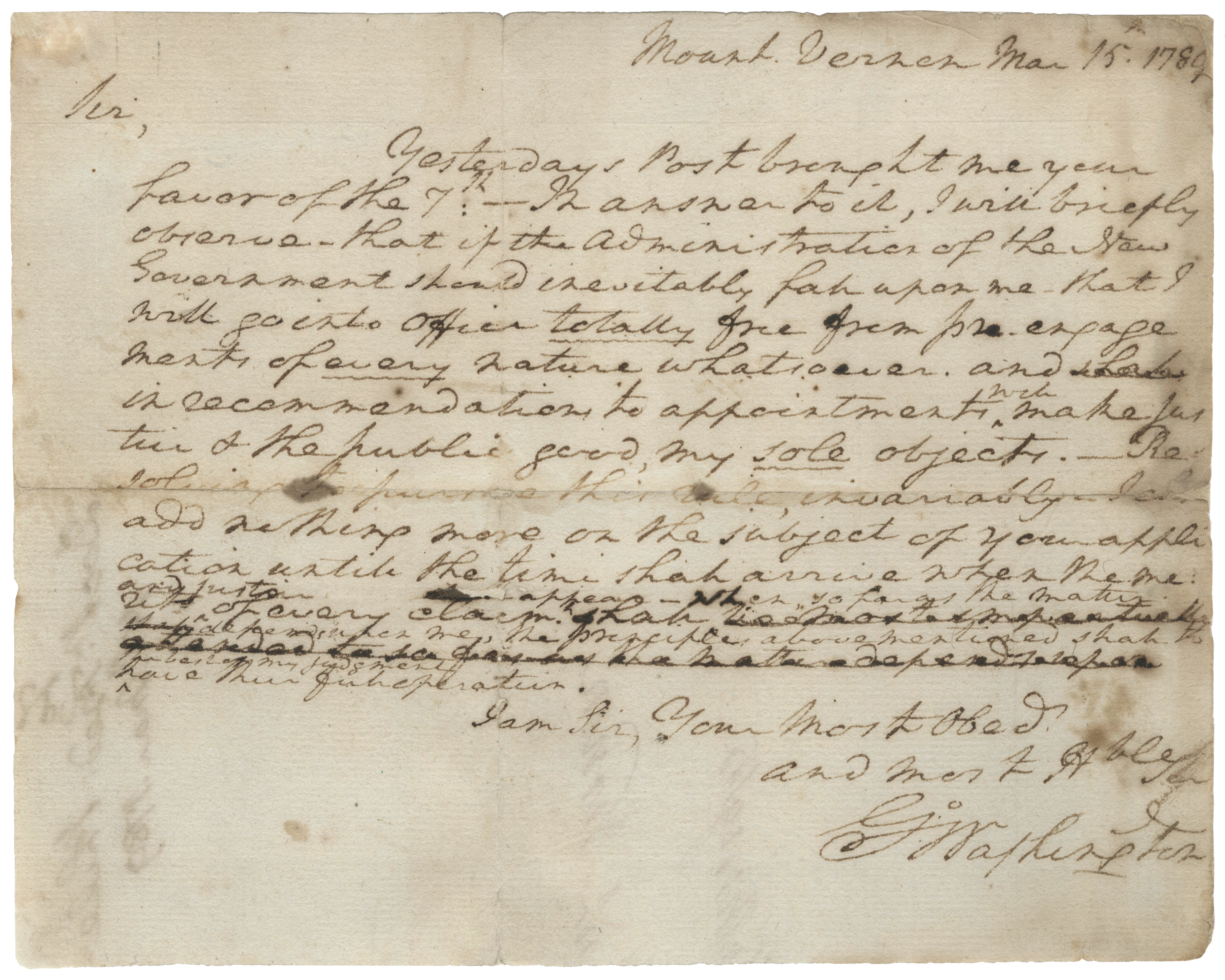 George Washington’s “Justice & the Public Good” Letter, Written a Month Before His Inauguration as President of the United States 