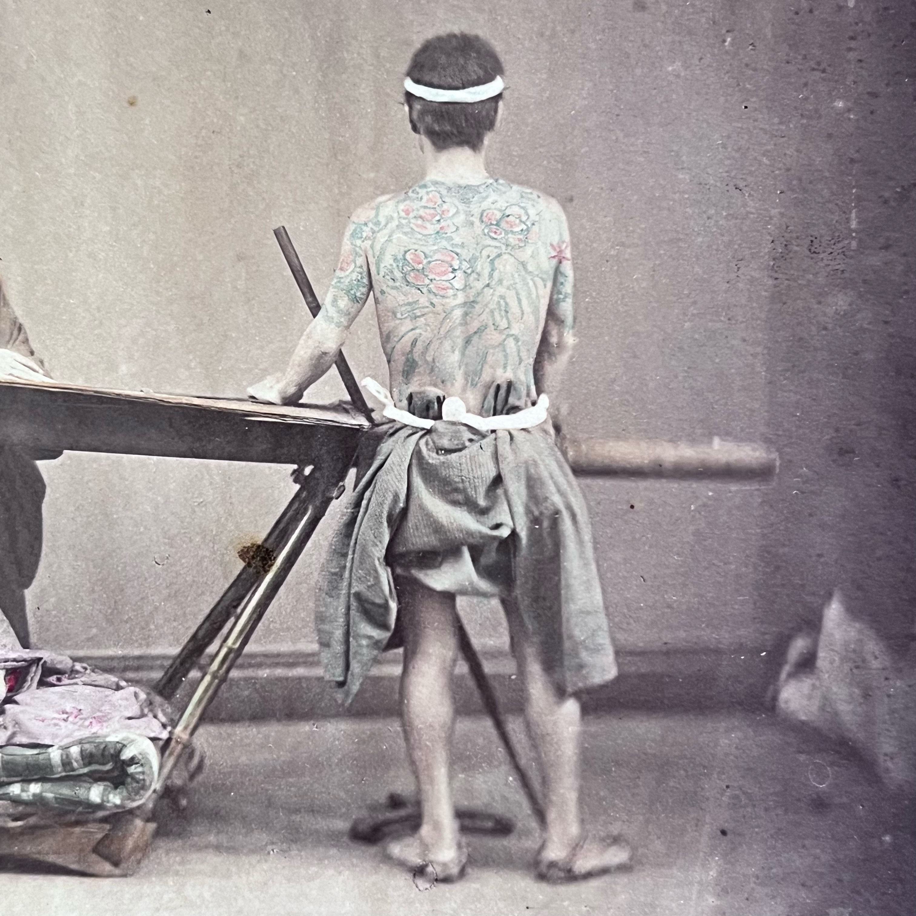Large Format Albumen Photo of Tattooed Man and Palanquin