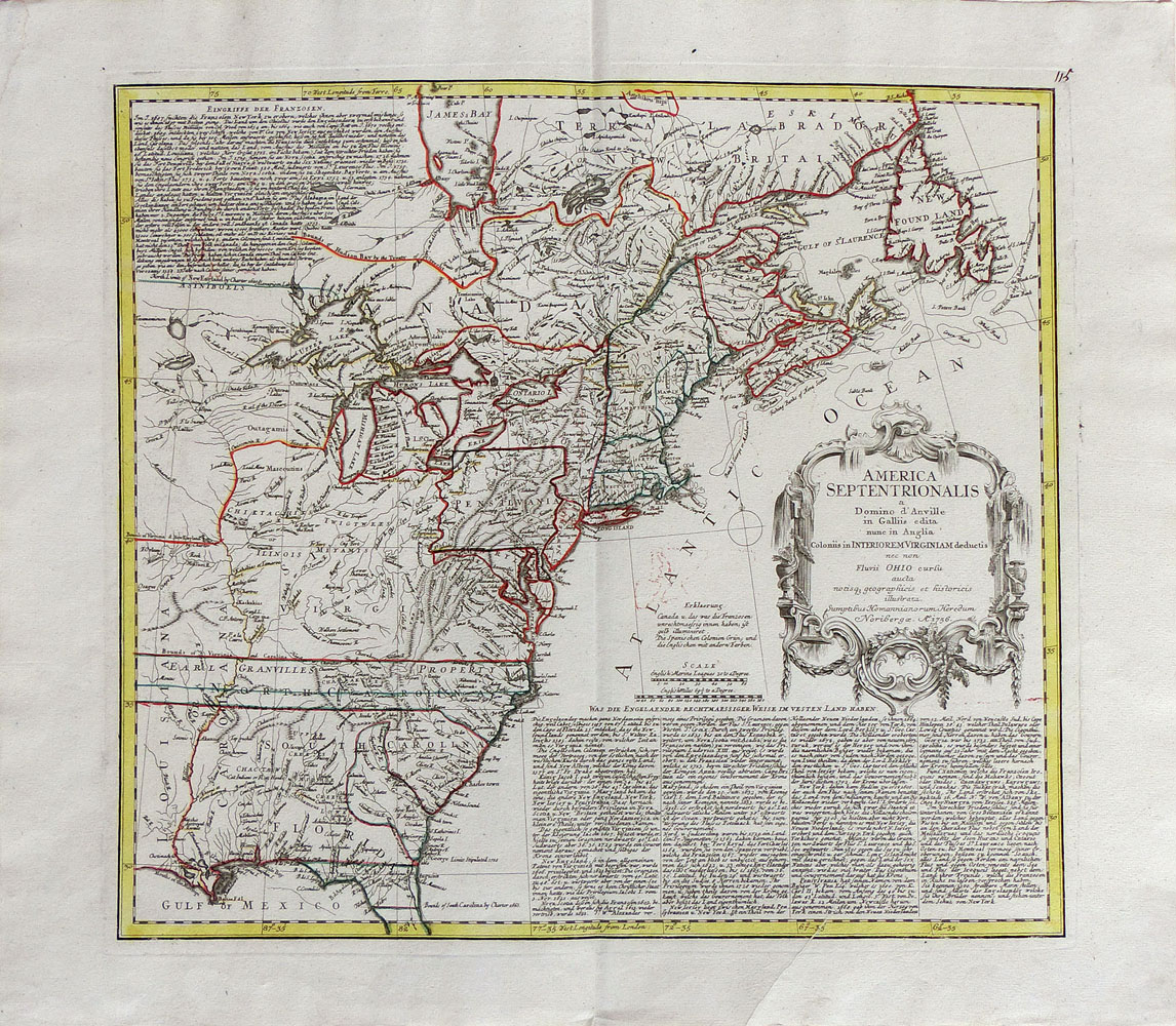 Coastline from New Fundland to Florida. The course of the river Ohio to the Mississippi River.Title: “America Septentrionalis a Domino D‘ Anville in Galliis edita, nune in Anglia Coloniis inInteriorem Virginiam deduetis nec non Fluvii Ohia cursis aucta notisq, geographicis et historicisillustrate.”
