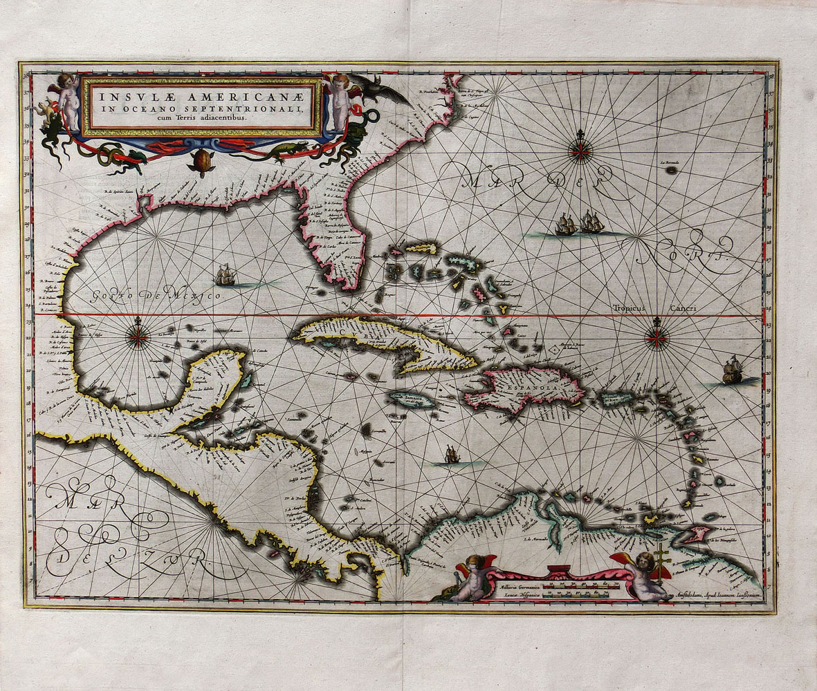 “Insulae Americana in Oceano Septentrionali cum Terris adiacentibus”.The West Indies and the coastline of America until Cheasepeake Bay.