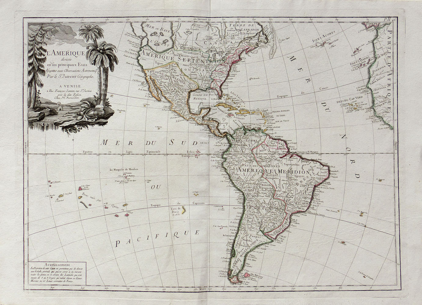 AMERICA CONTINENT: “L‘Amerique divisée en ses principaux Etats asujeƫe aux ObservaƟons Astronomiques Par le Sr. Janvier Géographe.”