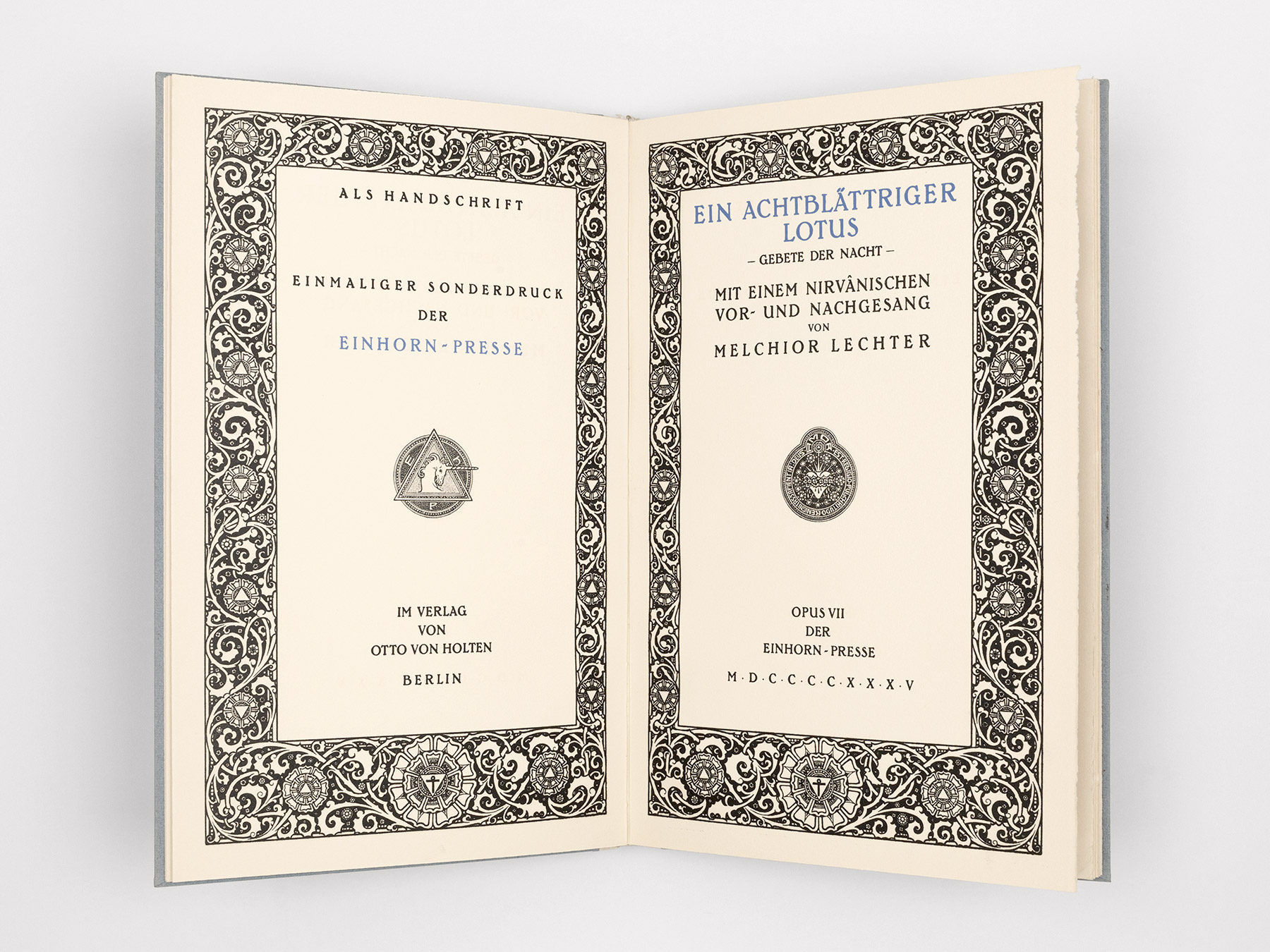 George, Stefan; Lechter, MelchiorEin achtblätteriger Lotus. Gebete der Nacht. Mit einem nirvanischen Vor- und Nachgesang von Melchior Lechter.Einhorn-Presse/Otto von Holten, Berlin, 1935