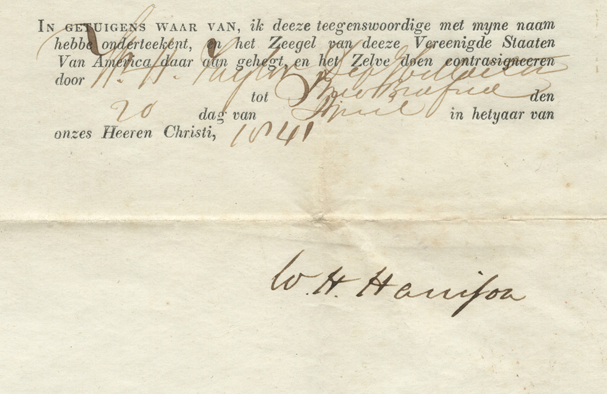 William Henry Harrison Four-Language Sea Letter Signed as President 