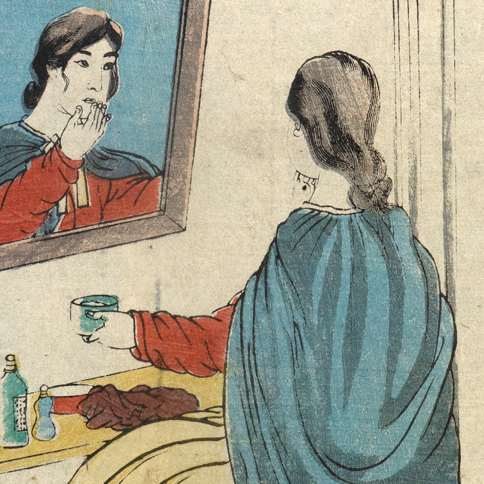 仏蘭西人之肖像 Portrait of the French,Ukiyo-e,1861A French woman is in front of a mirror, applying her makeup with care.